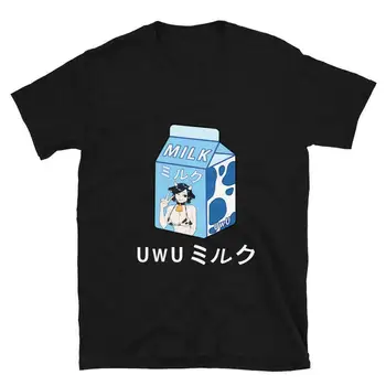 Uwu Pieno T-Shirt | Japonų Anime Hentai Karvė Mergina Moo Pieno Dėžutės Unisex Tee